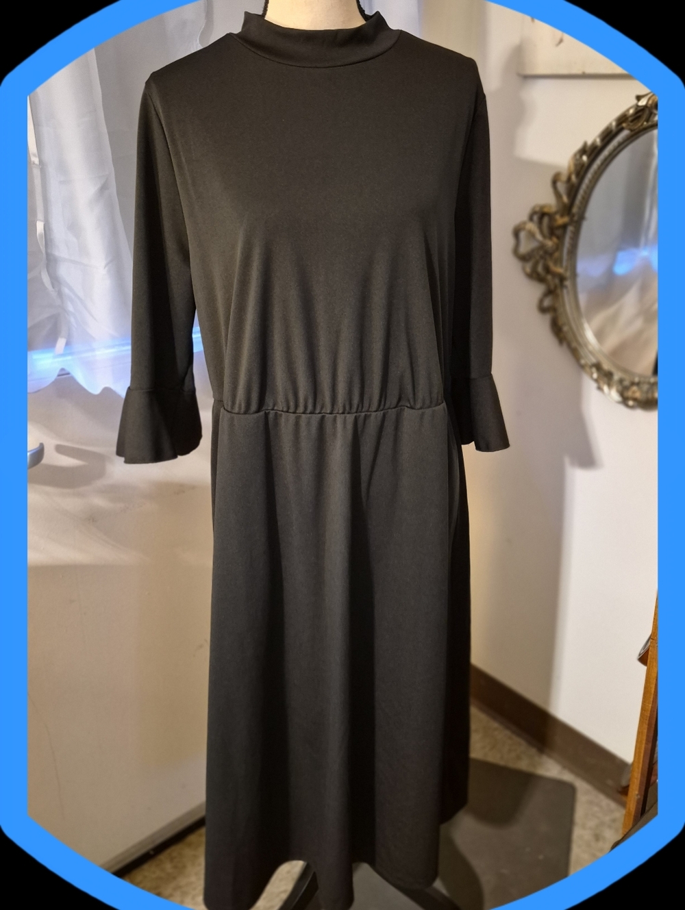 NWTS BloomChic Women's Black Mock-Neck Midi Dress with 3/4 Bell Sleeves